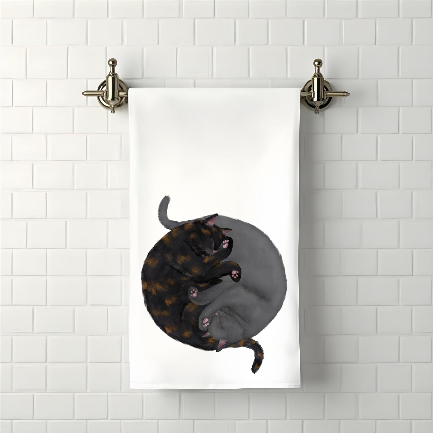 Tortoiseshell & Gray Sleeping Cats Bathroom Towel - MerikaArt