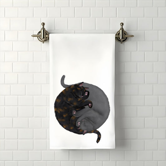 Tortoiseshell & Gray Sleeping Cats Bathroom Towel - MerikaArt
