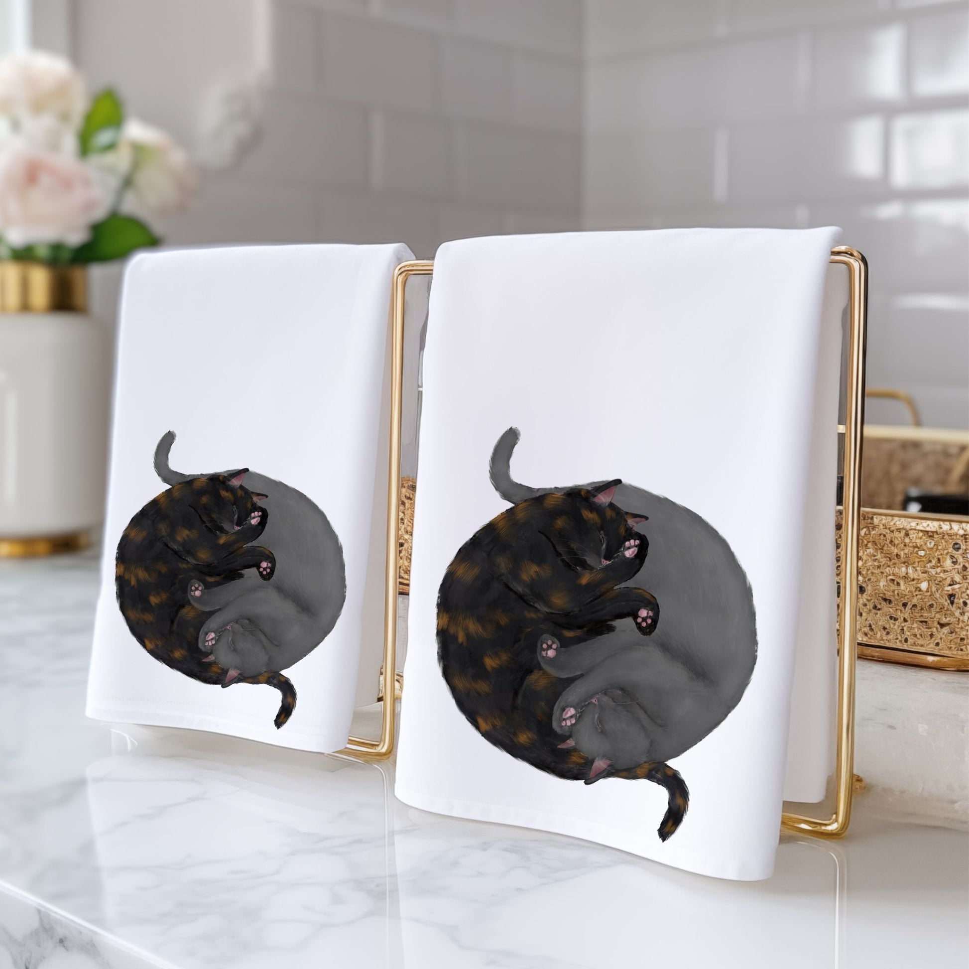 Tortoiseshell & Gray Sleeping Cats Bathroom Towel - MerikaArt