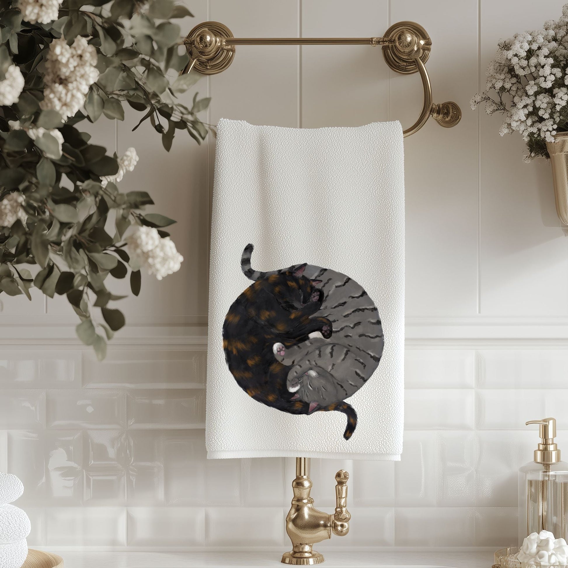 Tortoiseshell & Gray Tabby Sleeping Cats Bathroom Towel - MerikaArt
