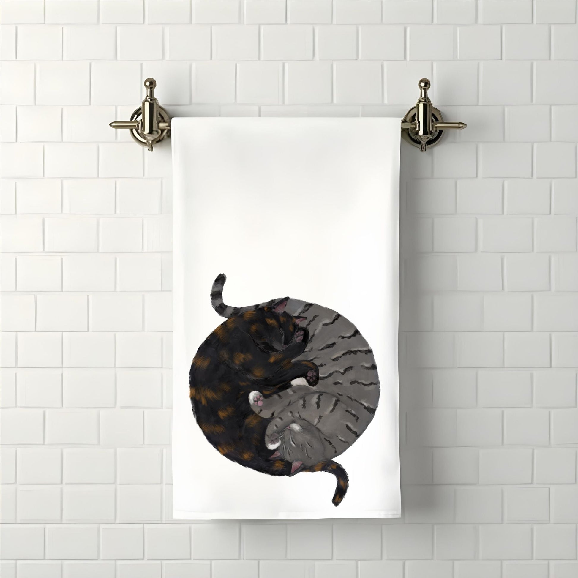 Tortoiseshell & Gray Tabby Sleeping Cats Bathroom Towel - MerikaArt