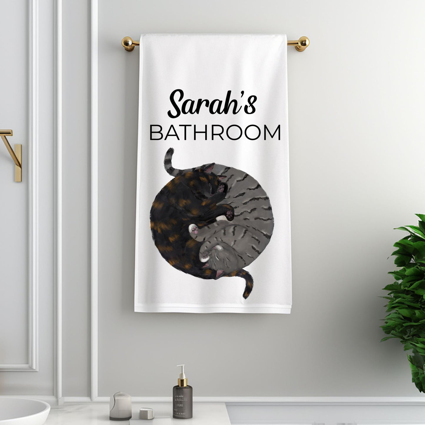 Tortoiseshell & Gray Tabby Sleeping Cats Bathroom Towel - MerikaArt