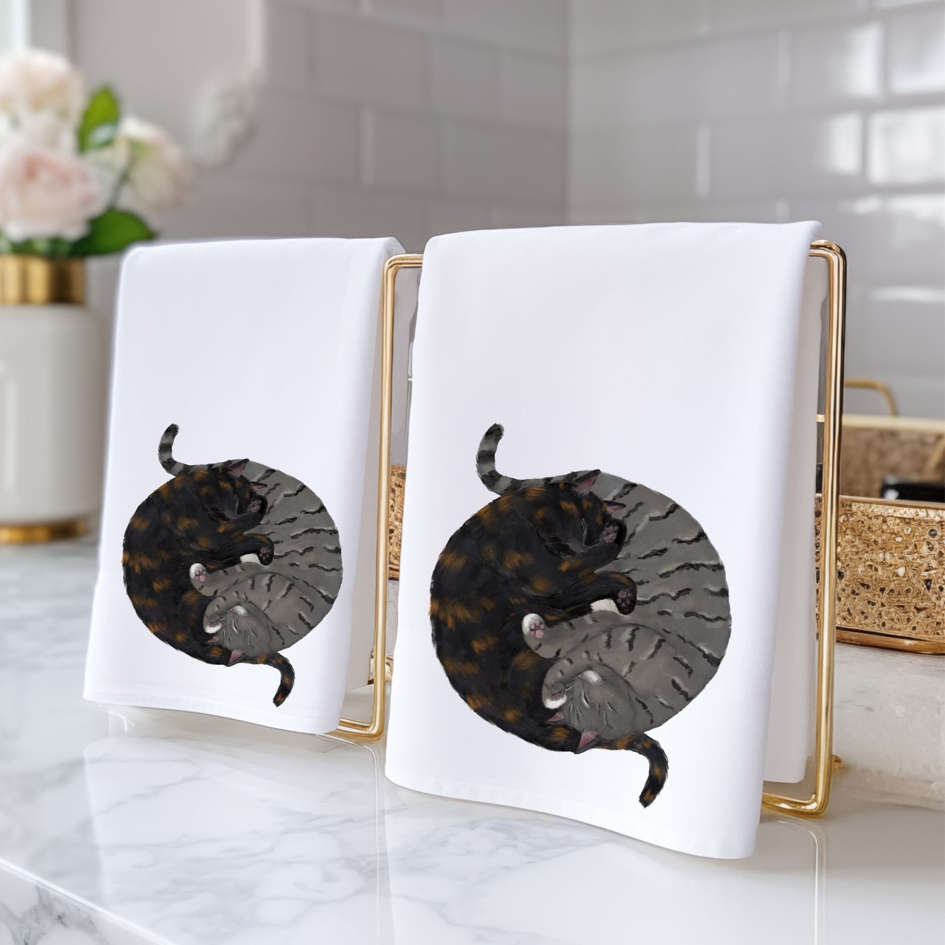 Tortoiseshell & Gray Tabby Sleeping Cats Bathroom Towel - MerikaArt