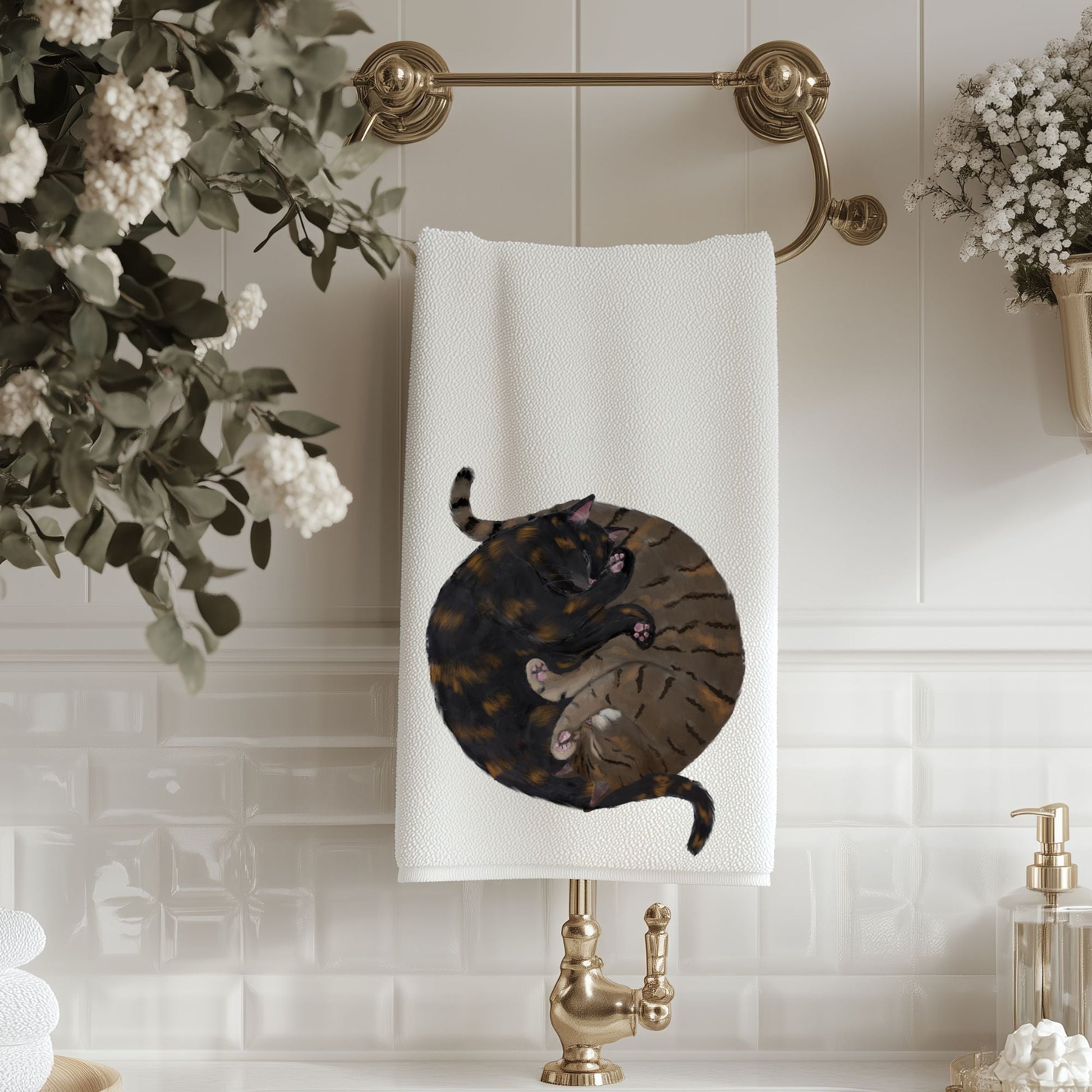 Tortoiseshell & Tabby Sleeping Cats Bathroom Towel - MerikaArt
