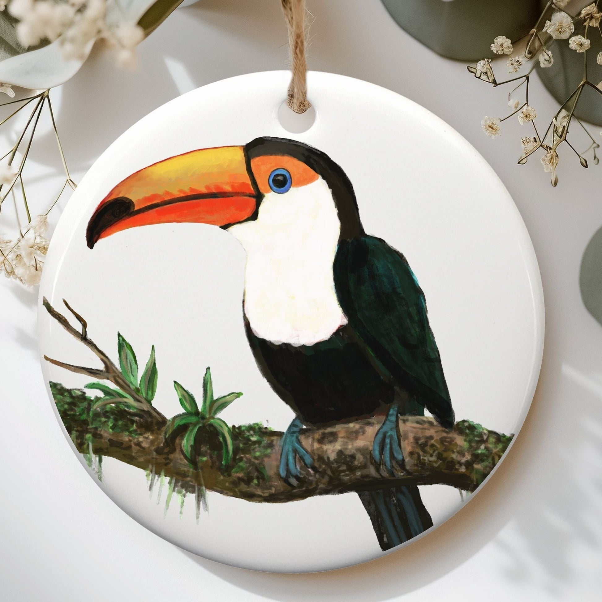 Toucan on a Branch Ceramic Ornament - MerikaArt