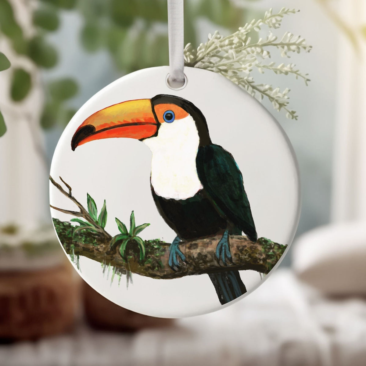 Toucan on a Branch Ceramic Ornament - MerikaArt
