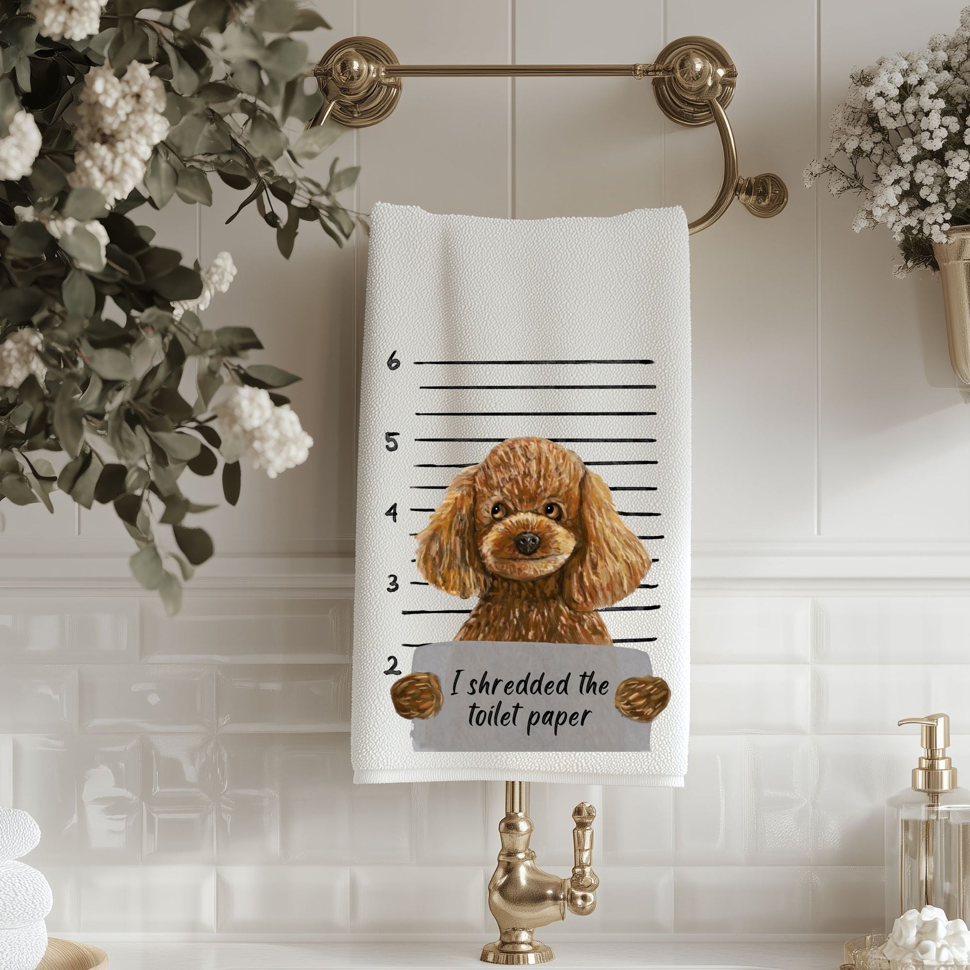 Toy Poodle Mugshot Bathroom Towel - MerikaArt