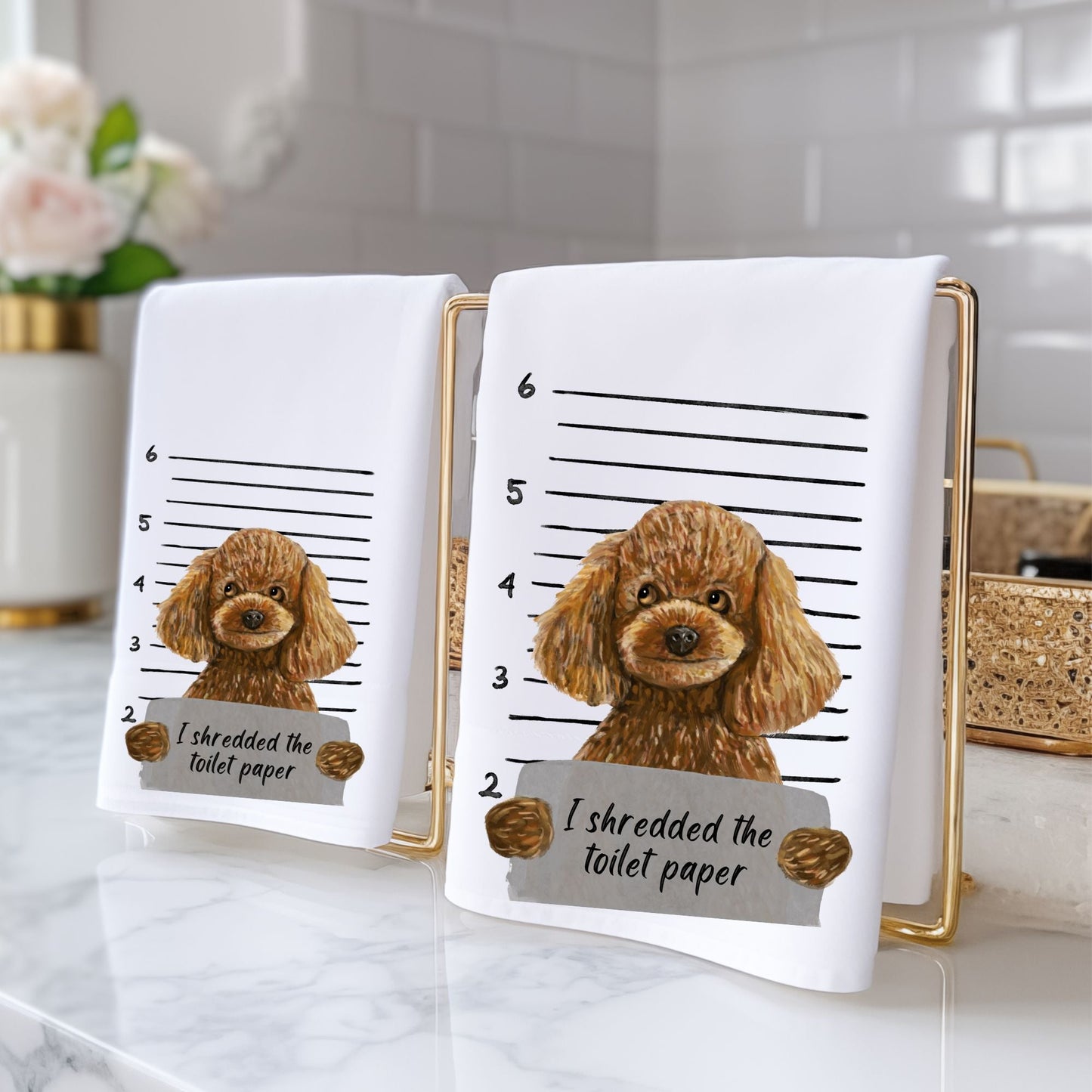 Toy Poodle Mugshot Bathroom Towel - MerikaArt