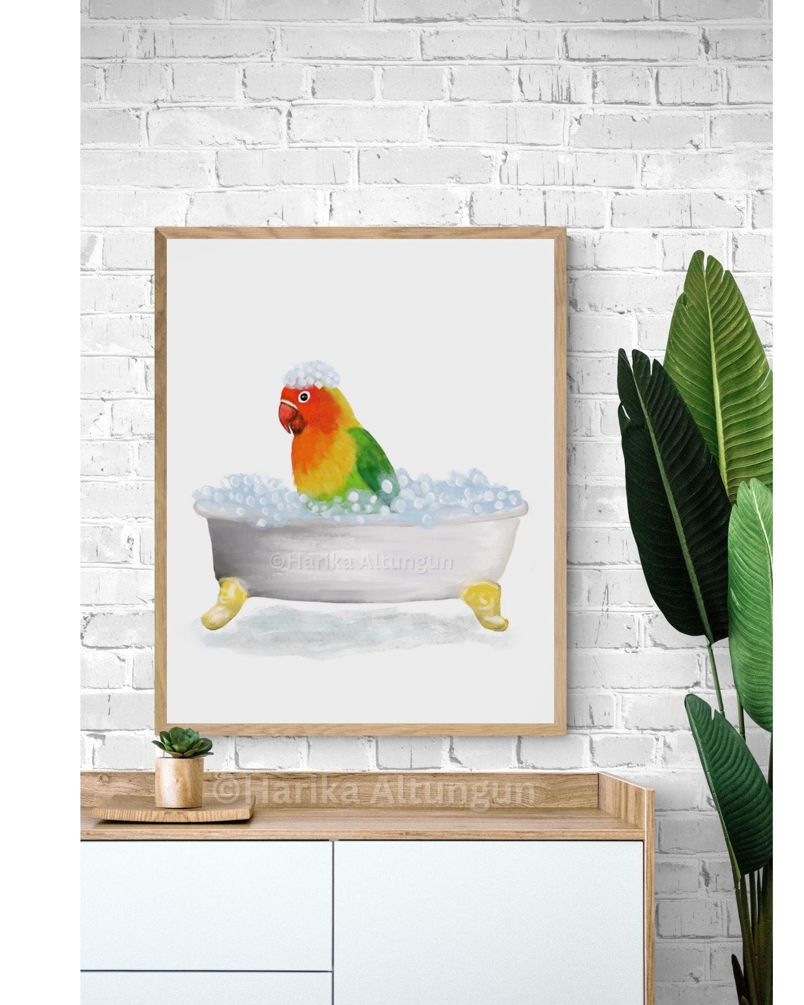 Tropical Lovebird Bathing Print, Parrot In Bathtub, Bathroom Wall Art, Bird Memorial Painting, Bird Relaxing In Bath Print, Bird Lover Art - MerikaArt