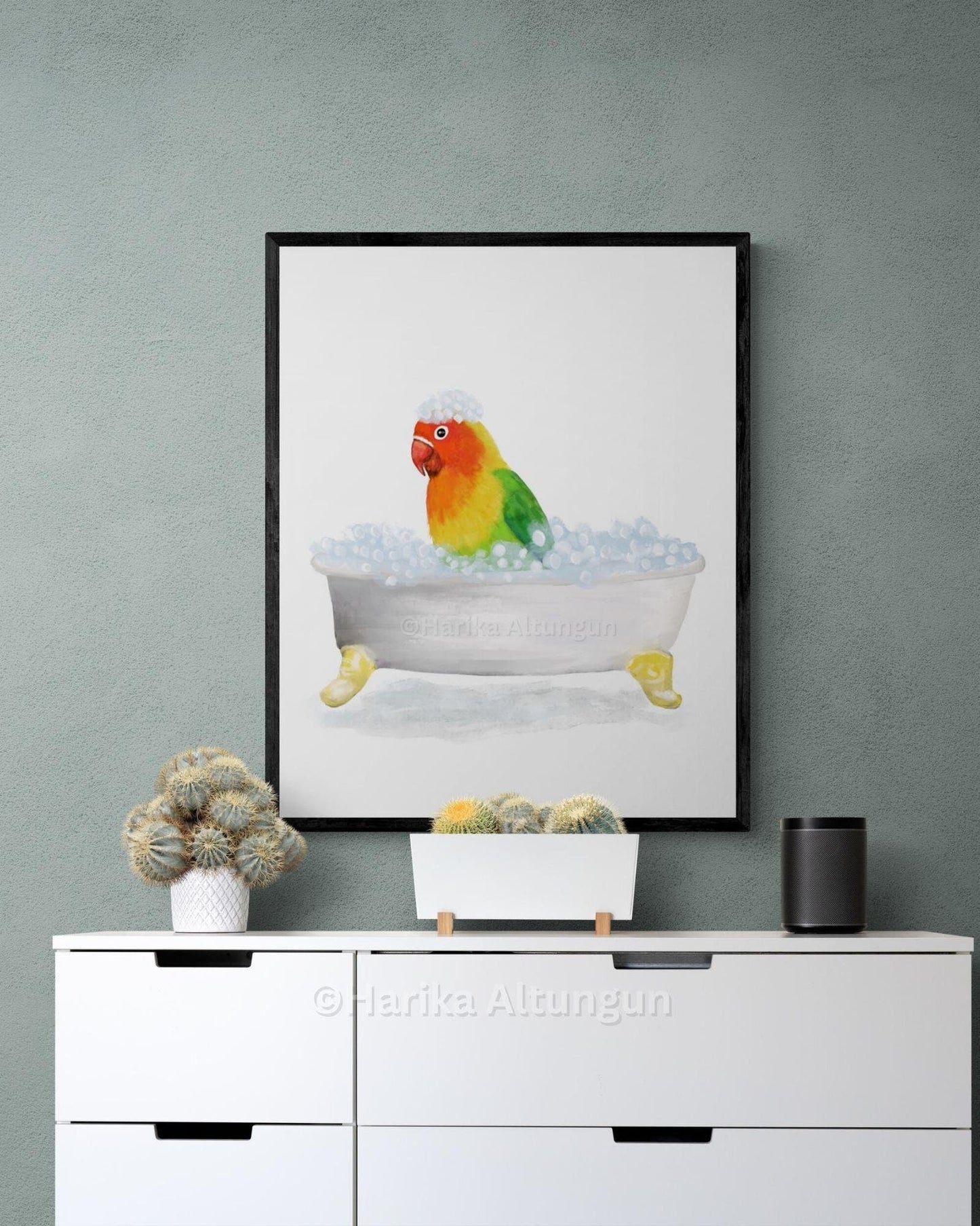 Tropical Lovebird Bathing Print, Parrot In Bathtub, Bathroom Wall Art, Bird Memorial Painting, Bird Relaxing In Bath Print, Bird Lover Art - MerikaArt