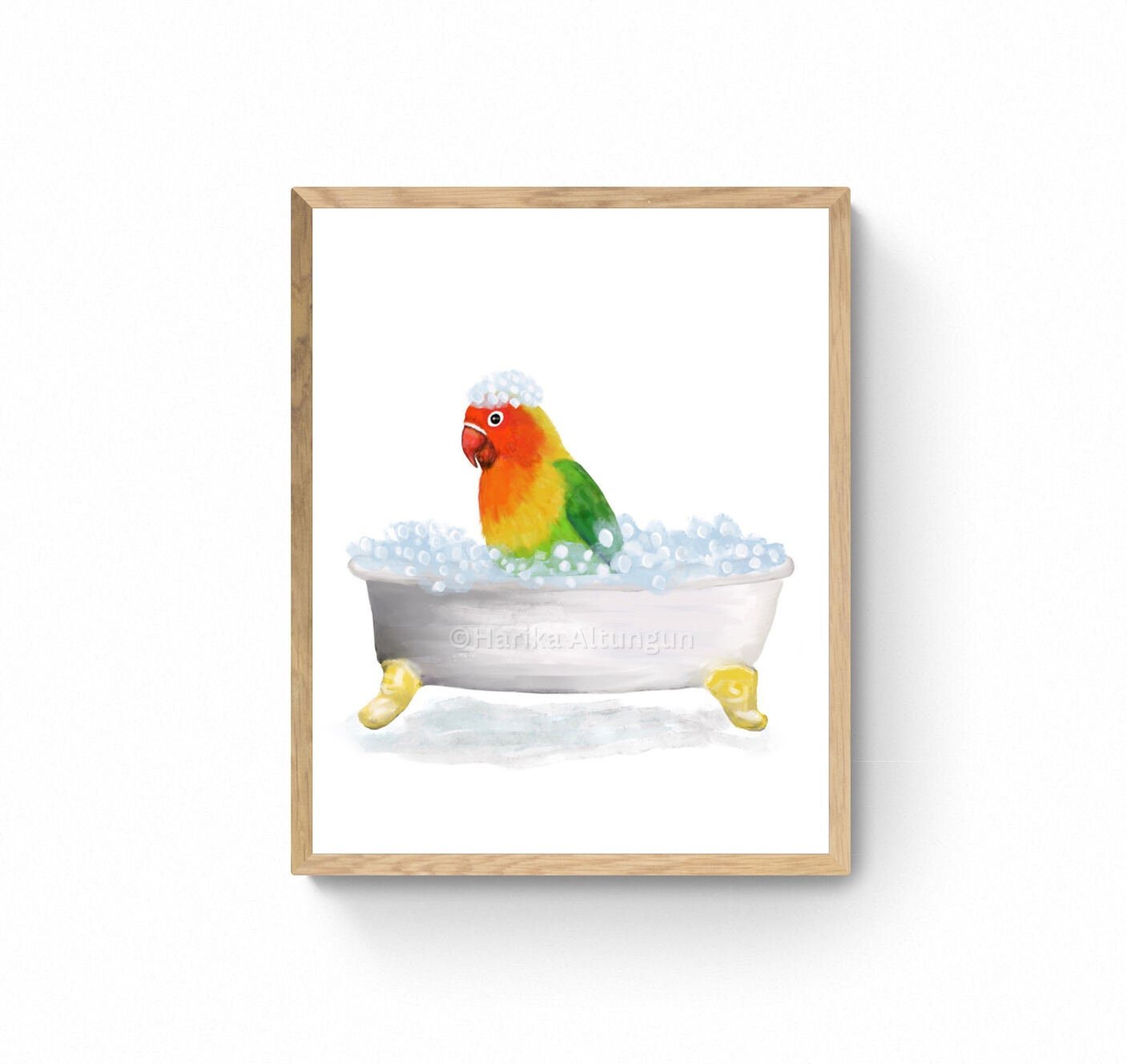 Tropical Lovebird Bathing Print, Parrot In Bathtub, Bathroom Wall Art, Bird Memorial Painting, Bird Relaxing In Bath Print, Bird Lover Art - MerikaArt