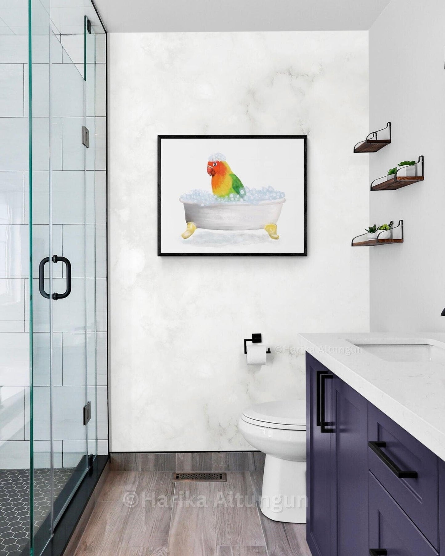 Tropical Lovebird Bathing Print, Parrot In Bathtub, Bathroom Wall Art, Bird Memorial Painting, Bird Relaxing In Bath Print, Bird Lover Art - MerikaArt