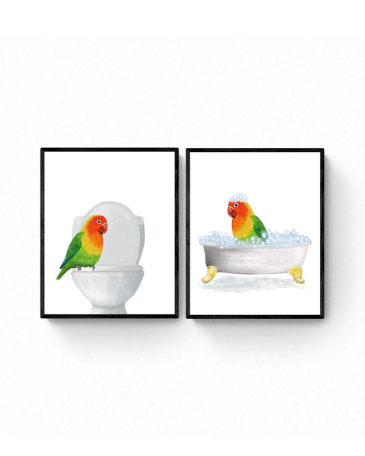 Tropical Lovebird Bathroom Print Set of 2, Parrot In Bathtub, Bathroom Wall Art, Bird Memorial Painting, Birdwatcher gift, Bird Lover Art - MerikaArt