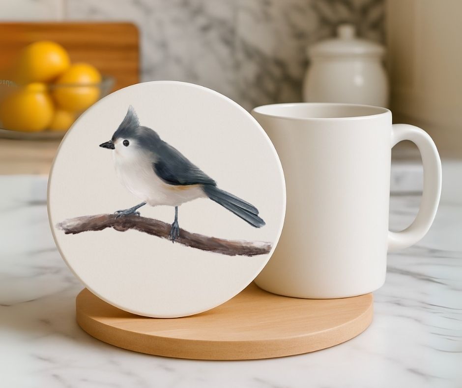 Tufted Titmouse Ceramic Coaster - MerikaArt