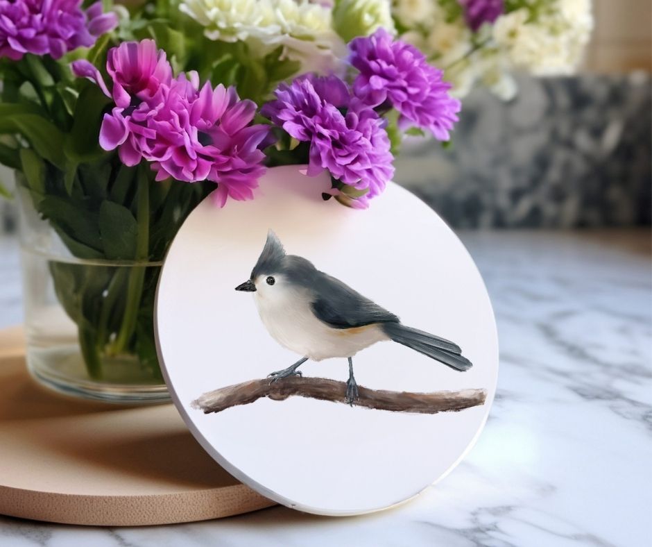 Tufted Titmouse Ceramic Coaster - MerikaArt