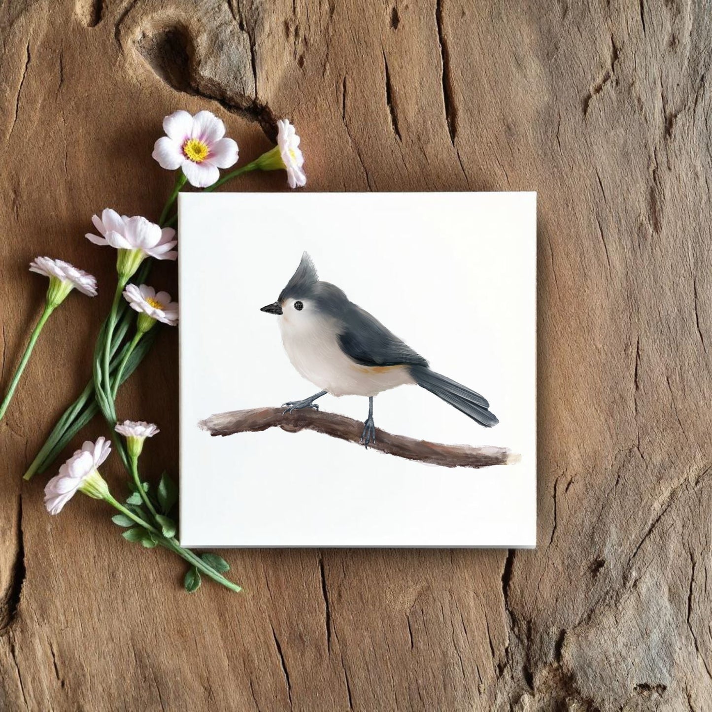 Tufted Titmouse Ceramic Tile – Delicate Handcrafted Bird Artwork - MerikaArt