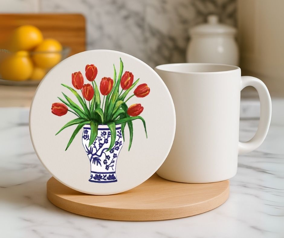 Tulip Bouquet in Delft Blue Vase Ceramic Coaster - MerikaArt