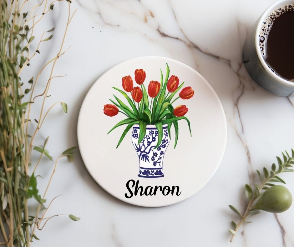 Tulip Bouquet in Delft Blue Vase Ceramic Coaster - MerikaArt