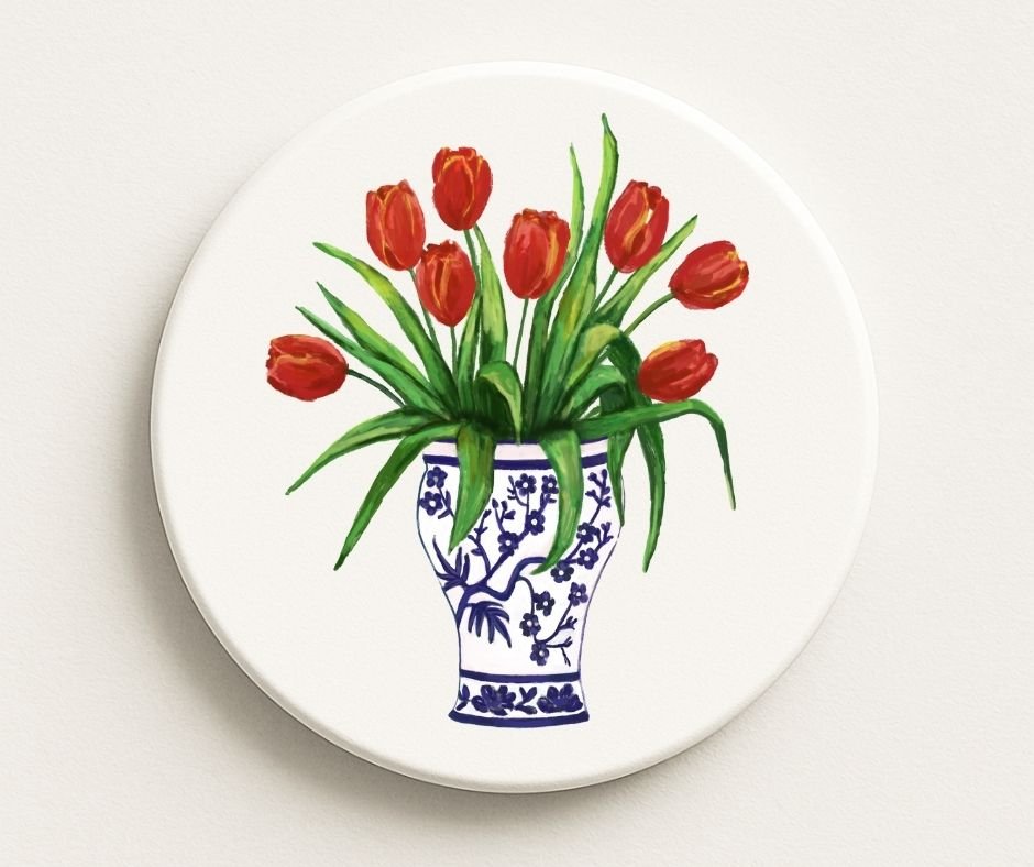 Tulip Bouquet in Delft Blue Vase Ceramic Coaster - MerikaArt