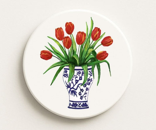 Tulip Bouquet in Delft Blue Vase Ceramic Coaster - MerikaArt