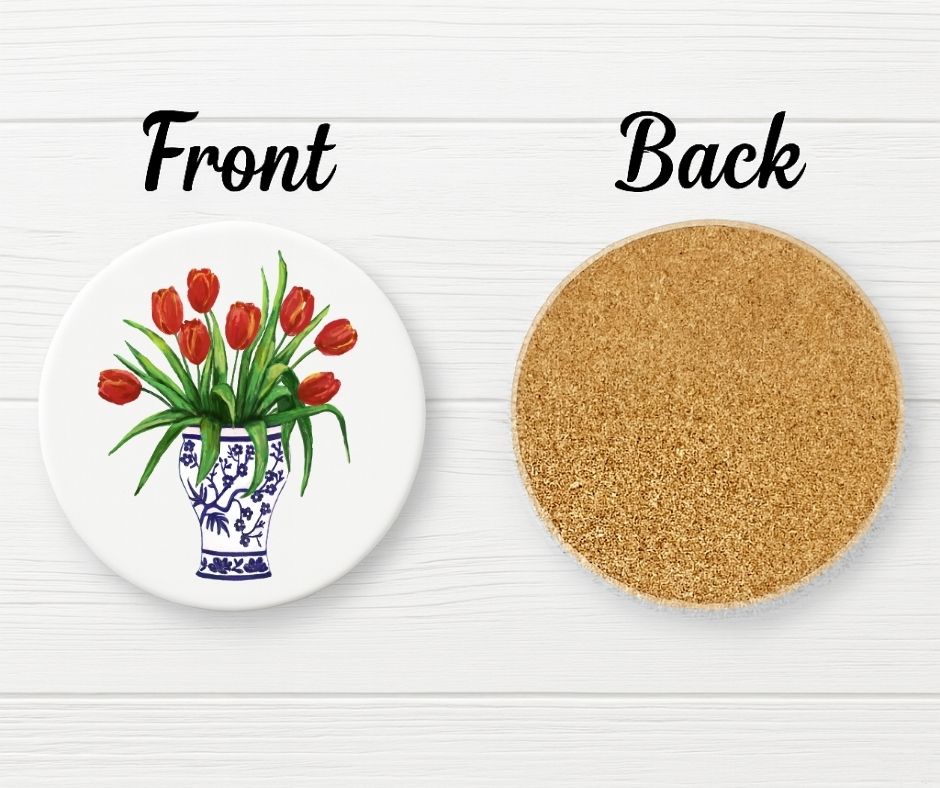 Tulip Bouquet in Delft Blue Vase Ceramic Coaster - MerikaArt