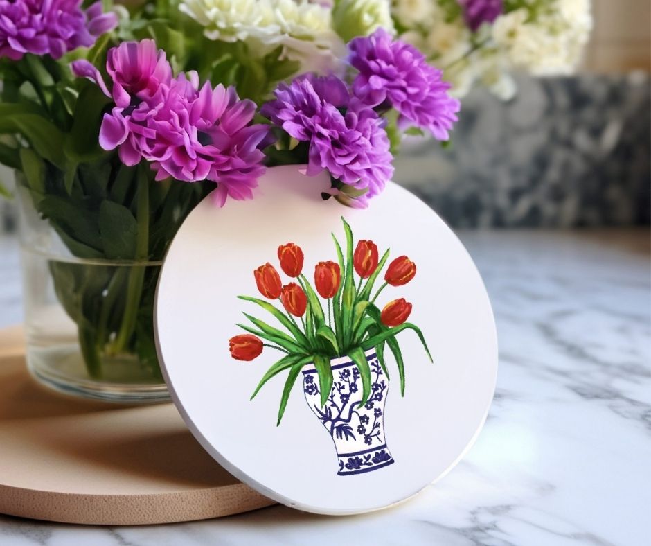 Tulip Bouquet in Delft Blue Vase Ceramic Coaster - MerikaArt