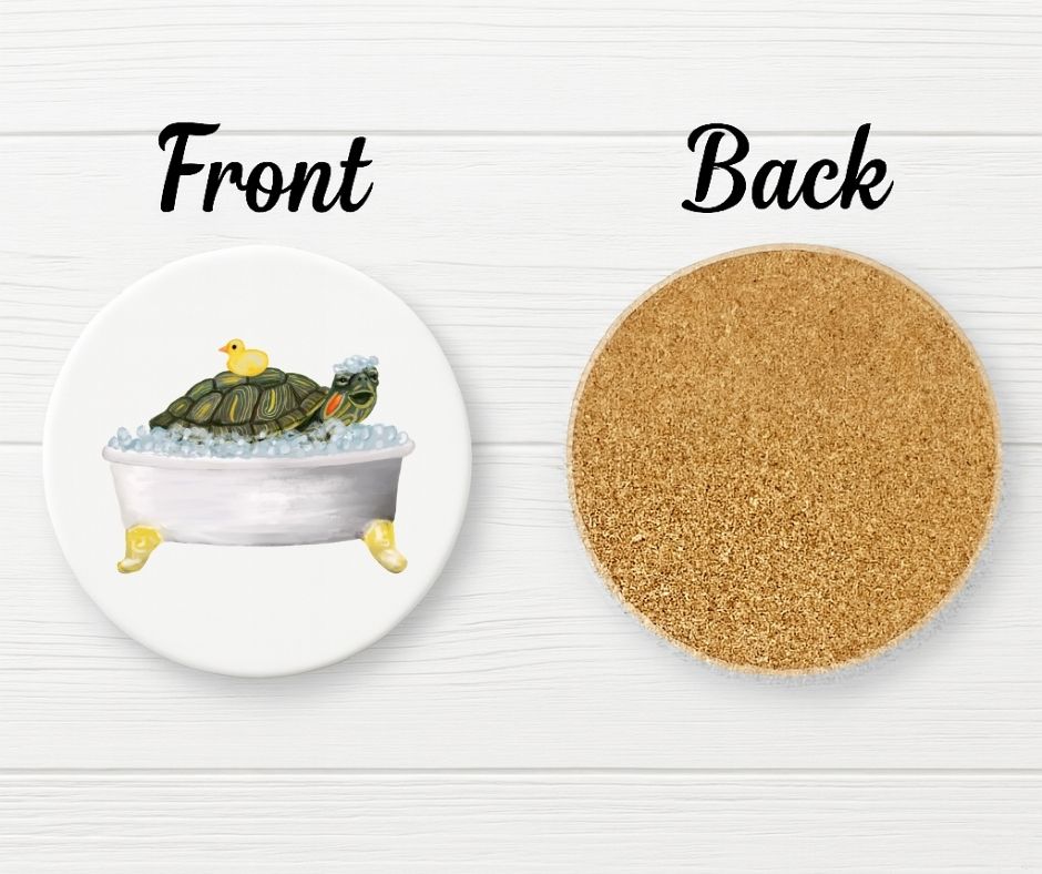 Turtle in Bathtub Ceramic Coaster - MerikaArt