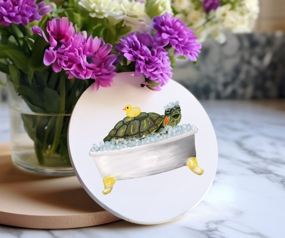Turtle in Bathtub Ceramic Coaster - MerikaArt