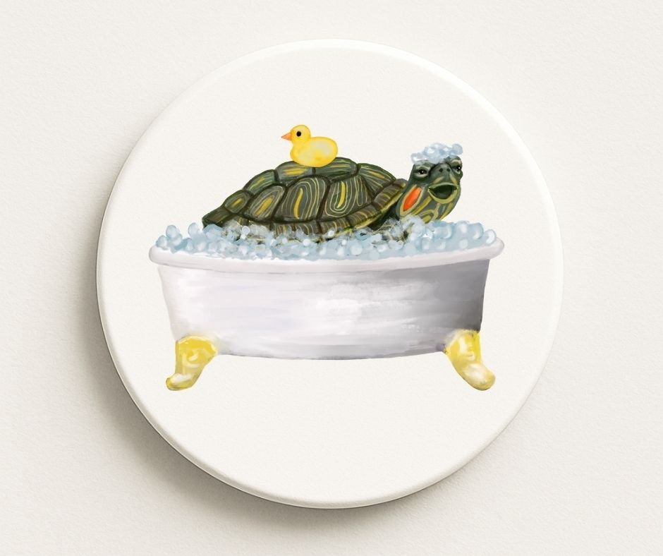 Turtle in Bathtub Ceramic Coaster - MerikaArt