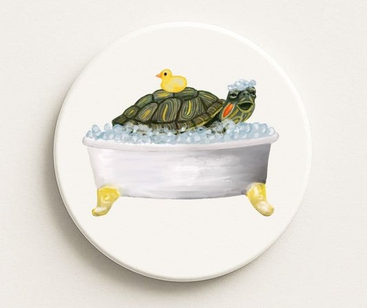 Turtle in Bathtub Ceramic Coaster - MerikaArt