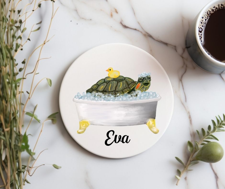 Turtle in Bathtub Ceramic Coaster - MerikaArt