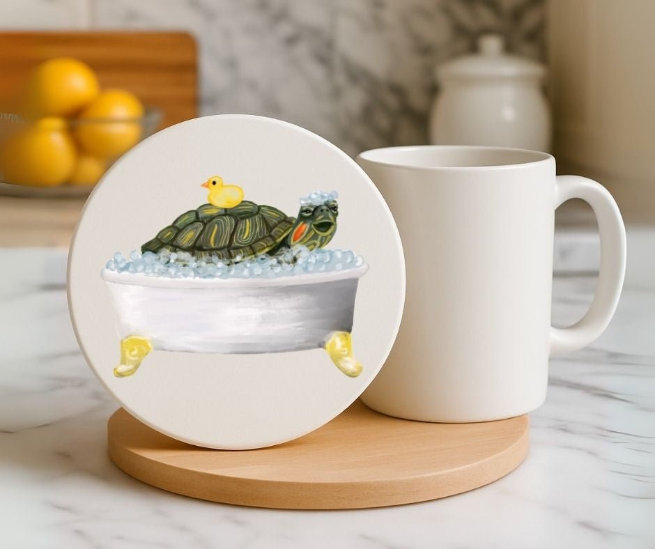 Turtle in Bathtub Ceramic Coaster - MerikaArt