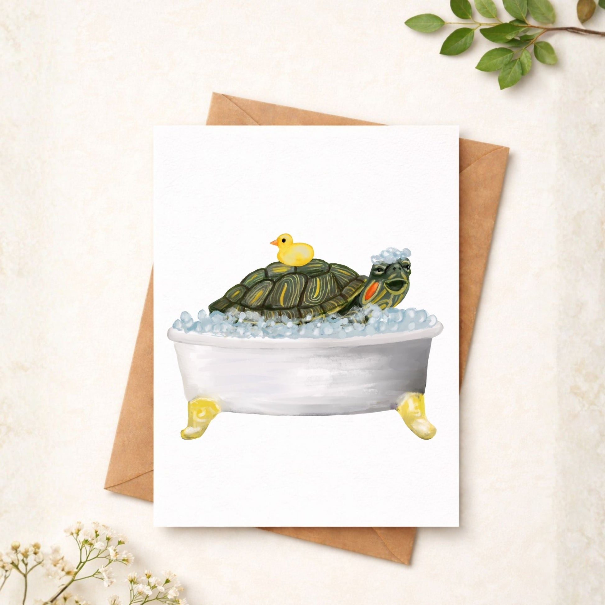 Turtle in Bathtub Postcard - MerikaArt