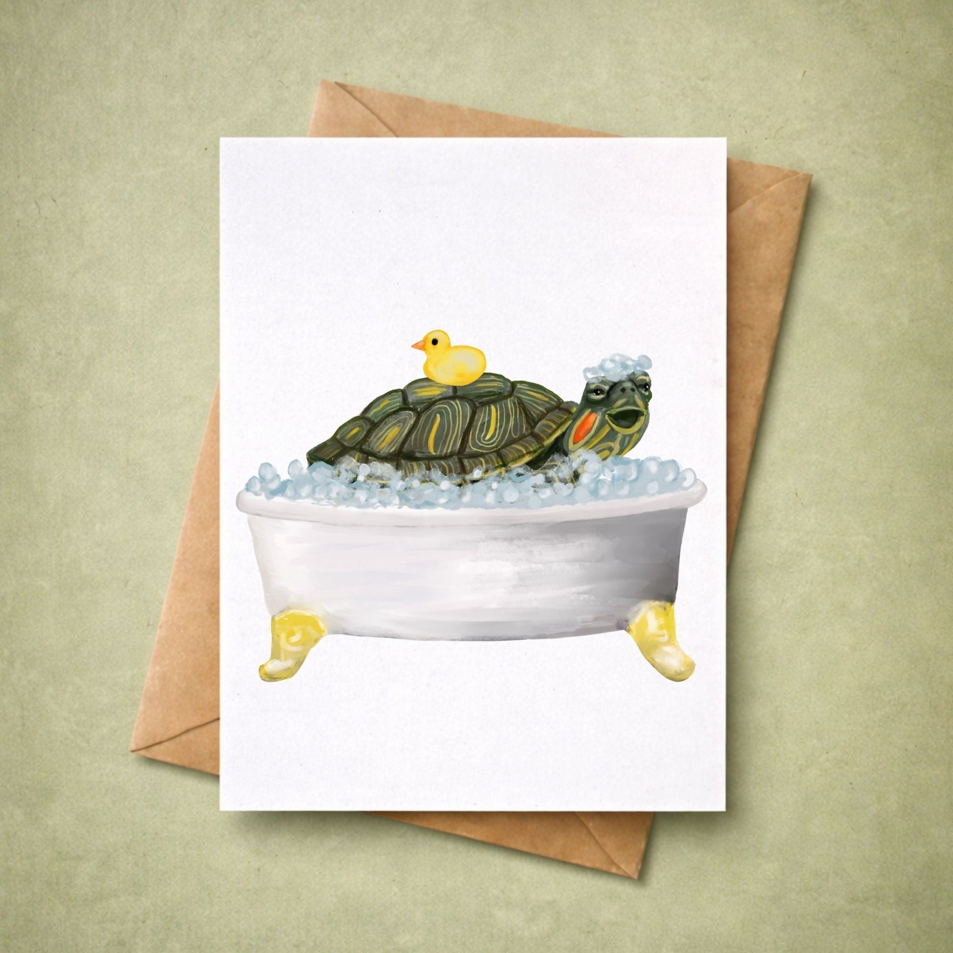 Turtle in Bathtub Postcard - MerikaArt