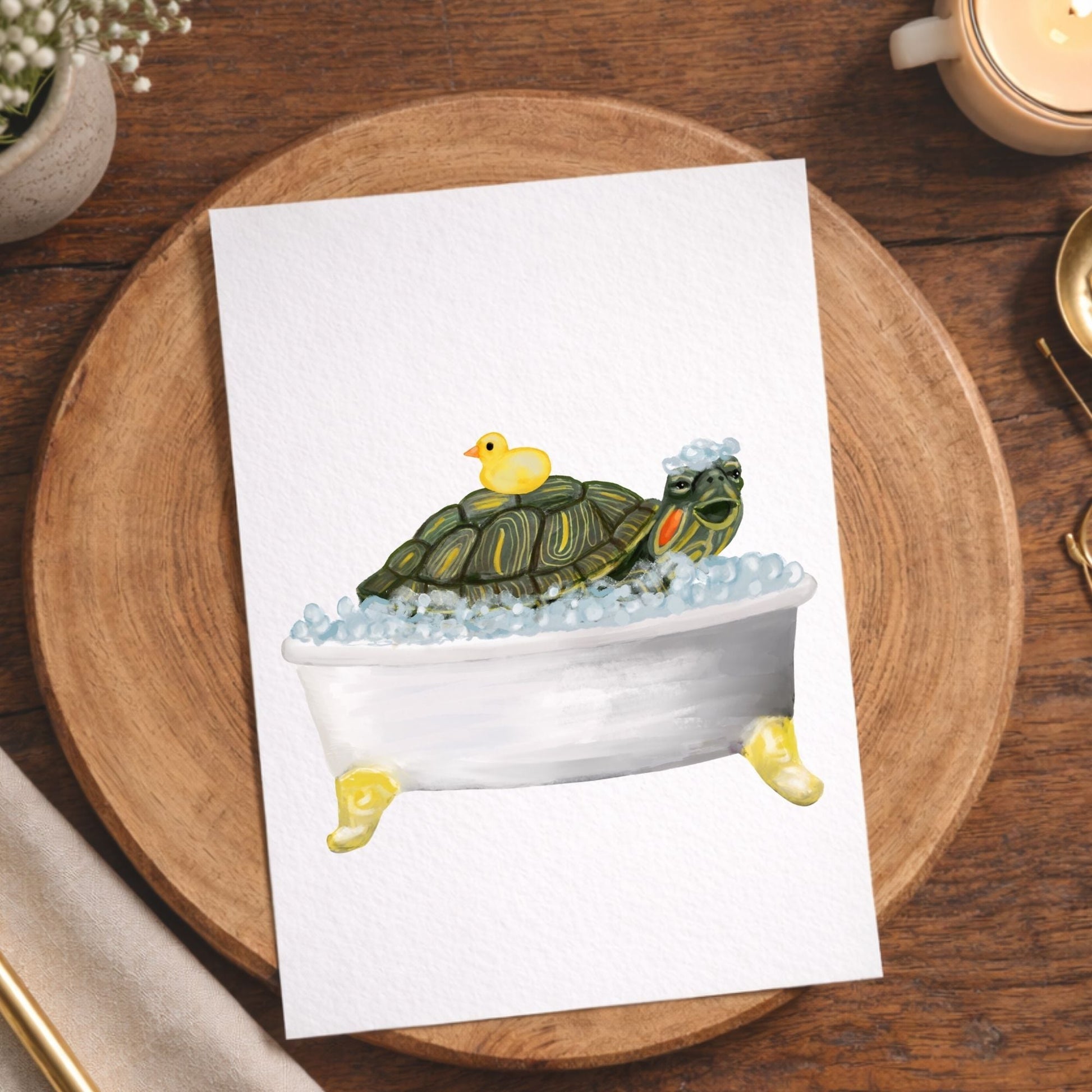 Turtle in Bathtub Postcard - MerikaArt
