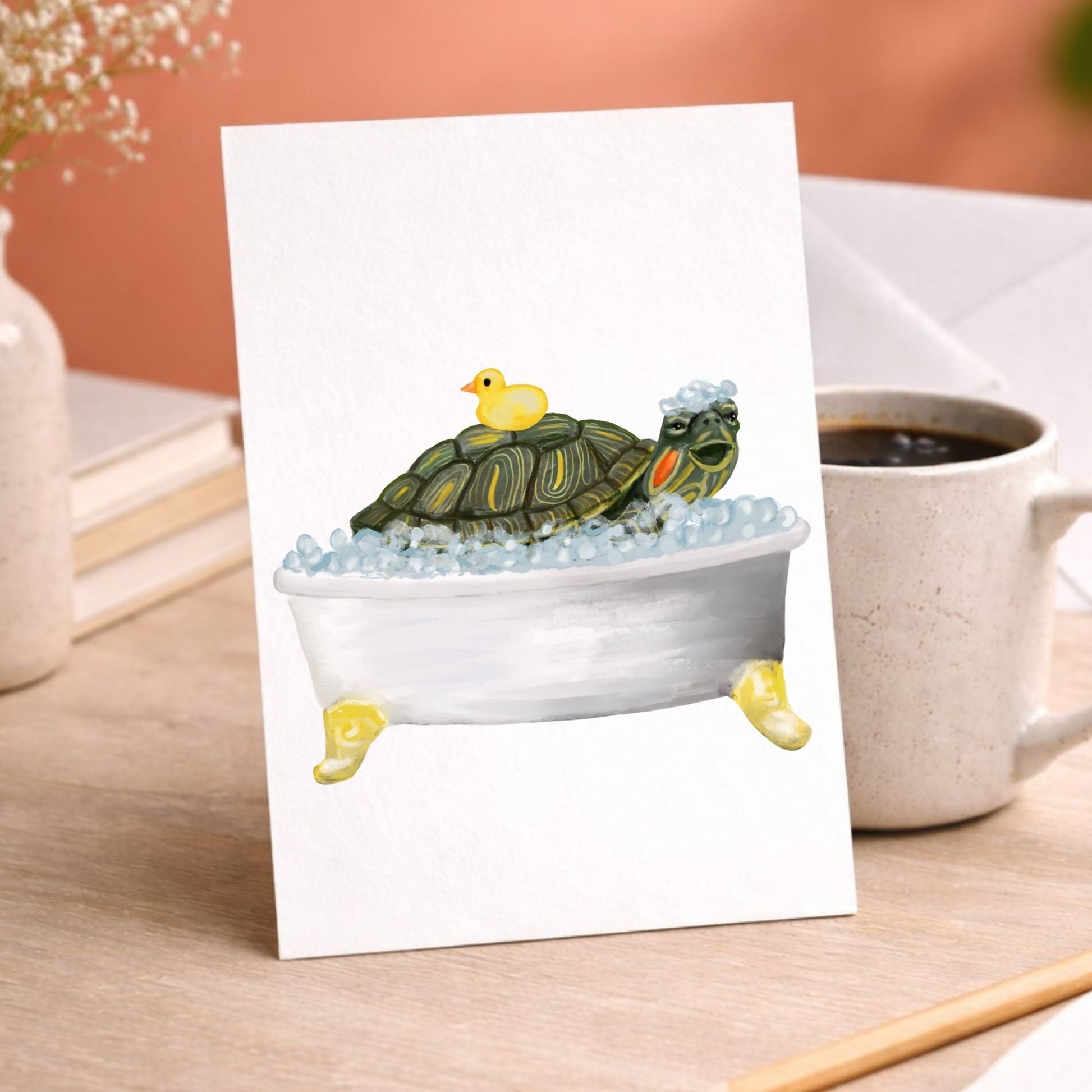 Turtle in Bathtub Postcard - MerikaArt