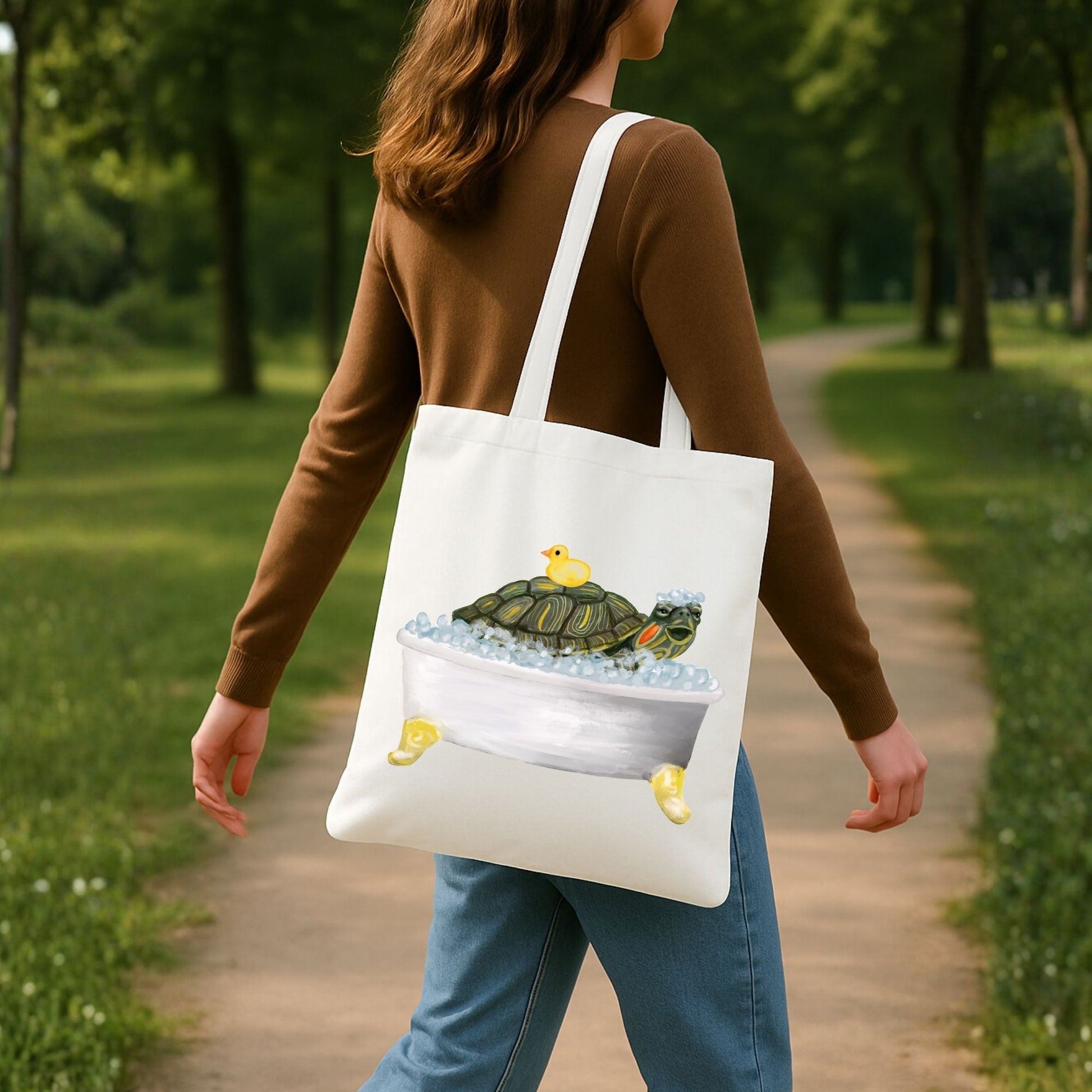Turtle in Bathtub Tote Bag - MerikaArt