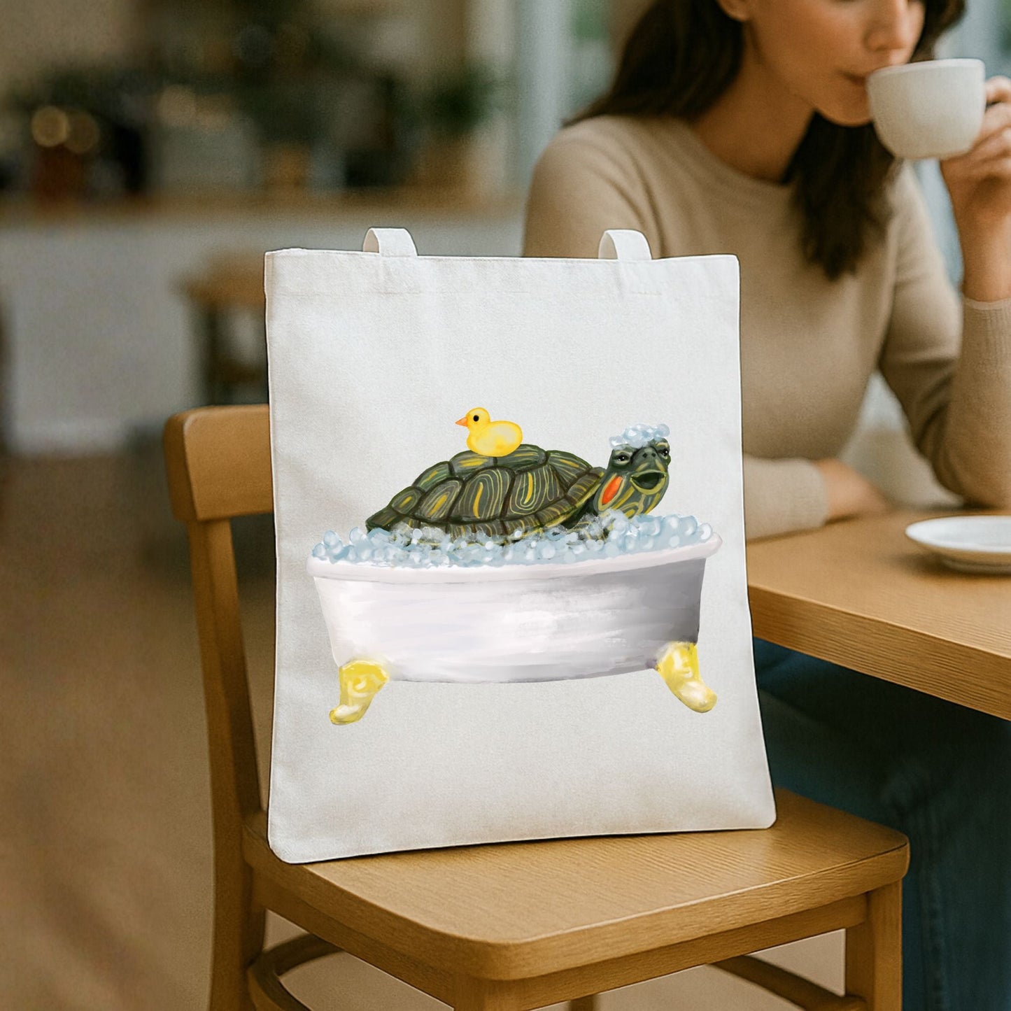 Turtle in Bathtub Tote Bag - MerikaArt