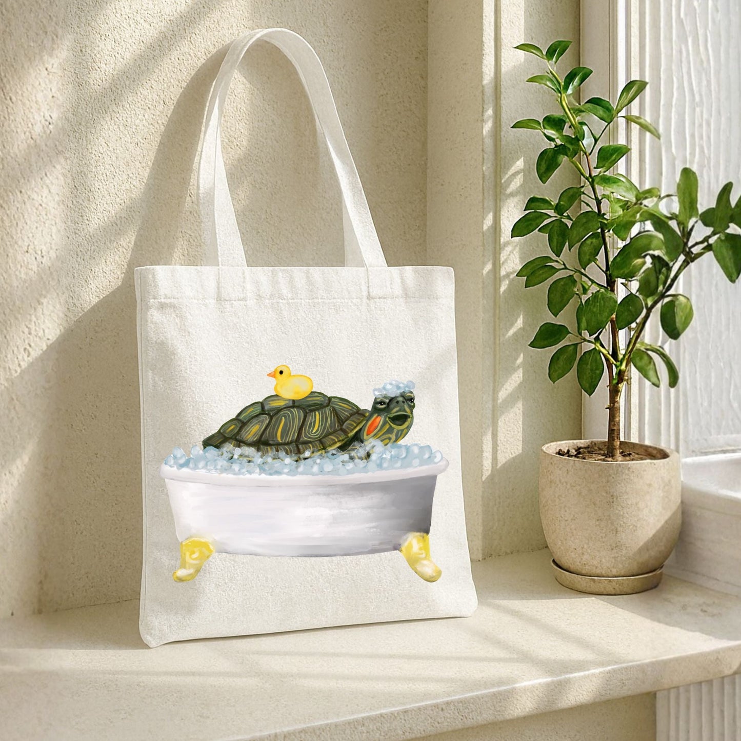 Turtle in Bathtub Tote Bag - MerikaArt