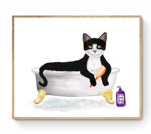 Tuxedo Cat Bathing Print, Black and White Cat In Bathtub, Bathroom Art, Bathroom Cat Painting, Cat Relaxing In Bath Print, Cat Lover Gift - MerikaArt