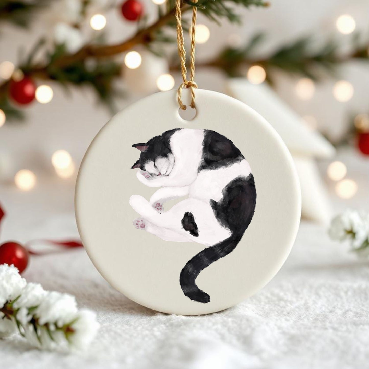 Tuxedo Cat Ceramic Ornament - MerikaArt