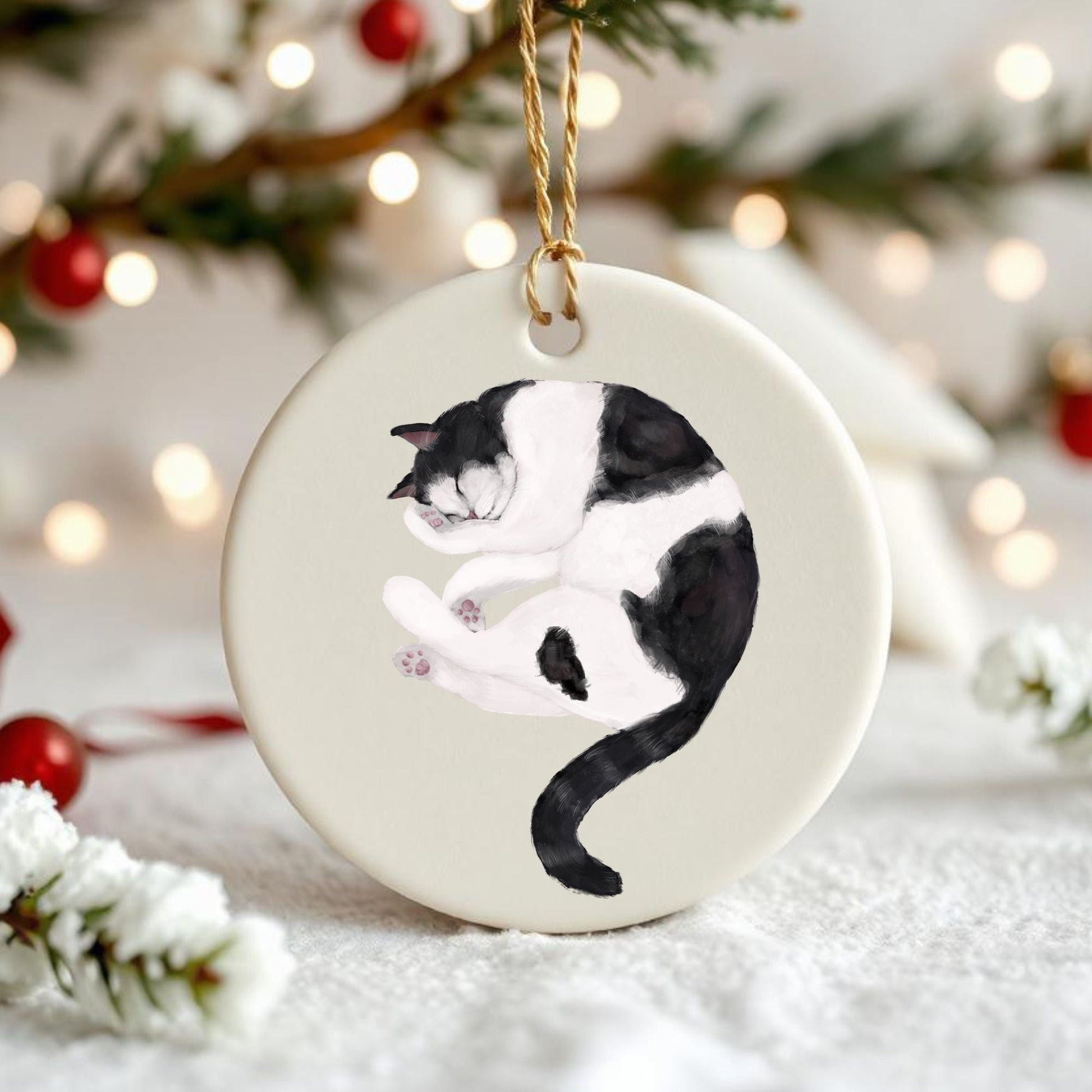 Tuxedo Cat Ceramic Ornament - MerikaArt