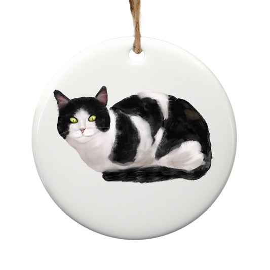 Tuxedo Cat Ceramic Ornament - MerikaArt