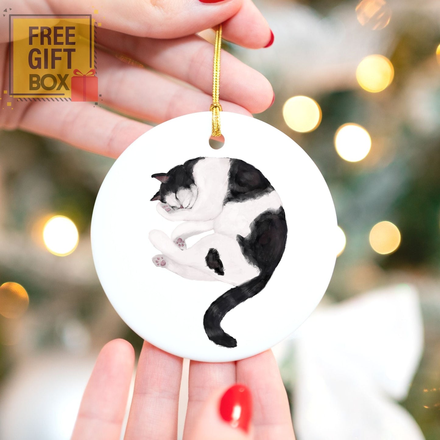 Tuxedo Cat Ceramic Ornament - MerikaArt
