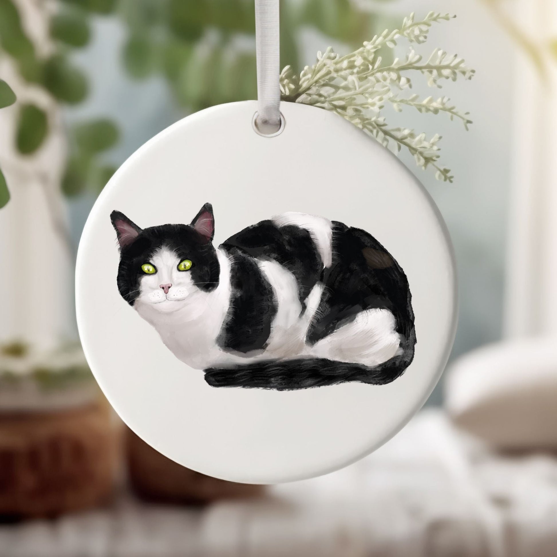 Tuxedo Cat Ceramic Ornament - MerikaArt