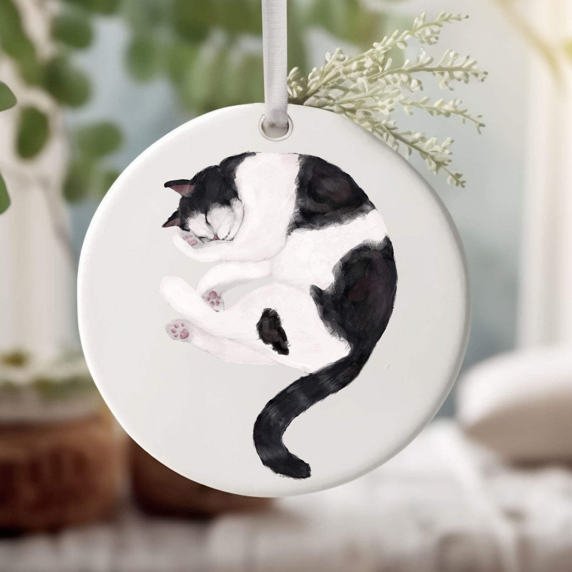 Tuxedo Cat Ceramic Ornament - MerikaArt