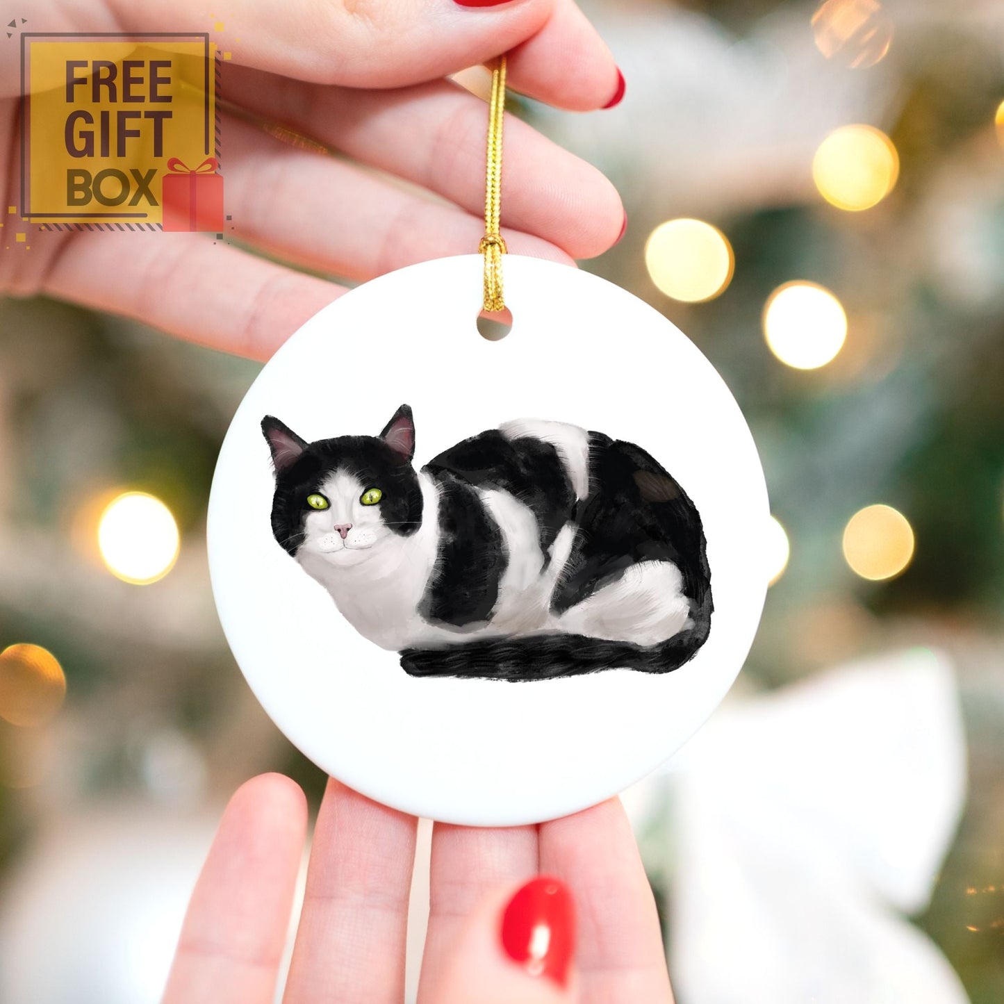 Tuxedo Cat Ceramic Ornament - MerikaArt