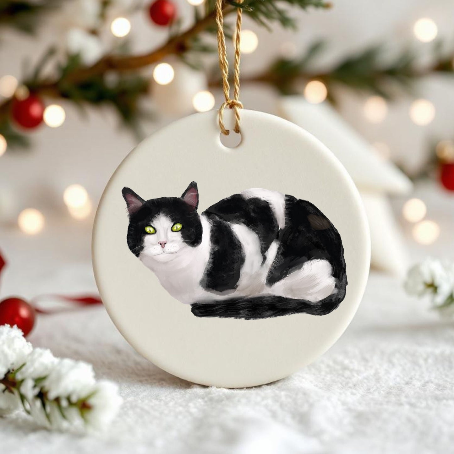 Tuxedo Cat Ceramic Ornament - MerikaArt