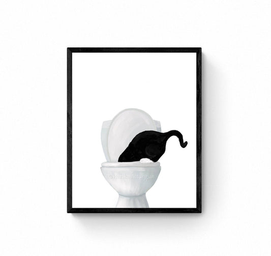 Tuxedo Cat Drinking Water From Toilet Print, Cute Tuxedo Cat Artwork, Bathroom Decor, Cat Painting, Kitty Licking Water From Toilet Art - MerikaArt