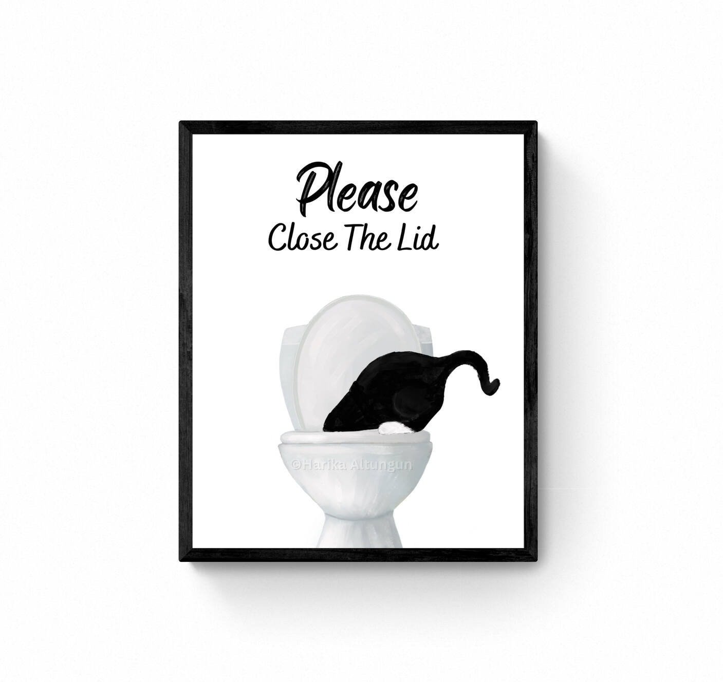 Tuxedo Cat Drinking Water From Toilet Sign, Cute Tuxedo Cat Print, Bathroom Decor, Cat Painting, Kitty Licking Water From Toilet Art - MerikaArt